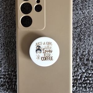 Samsung Galaxy S23 Ultra Tan Phone Case with Coffee-Themed PopSocket